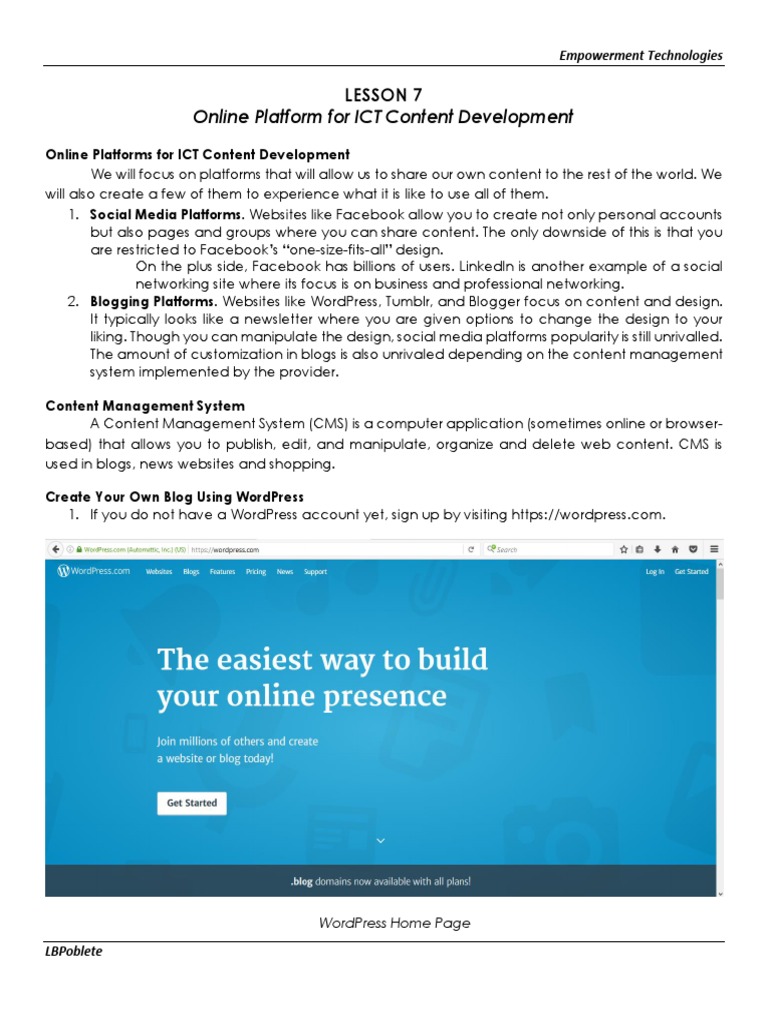 Lesson 7: ICT Content Development Tools | PDF | Word Press | Cloud ...