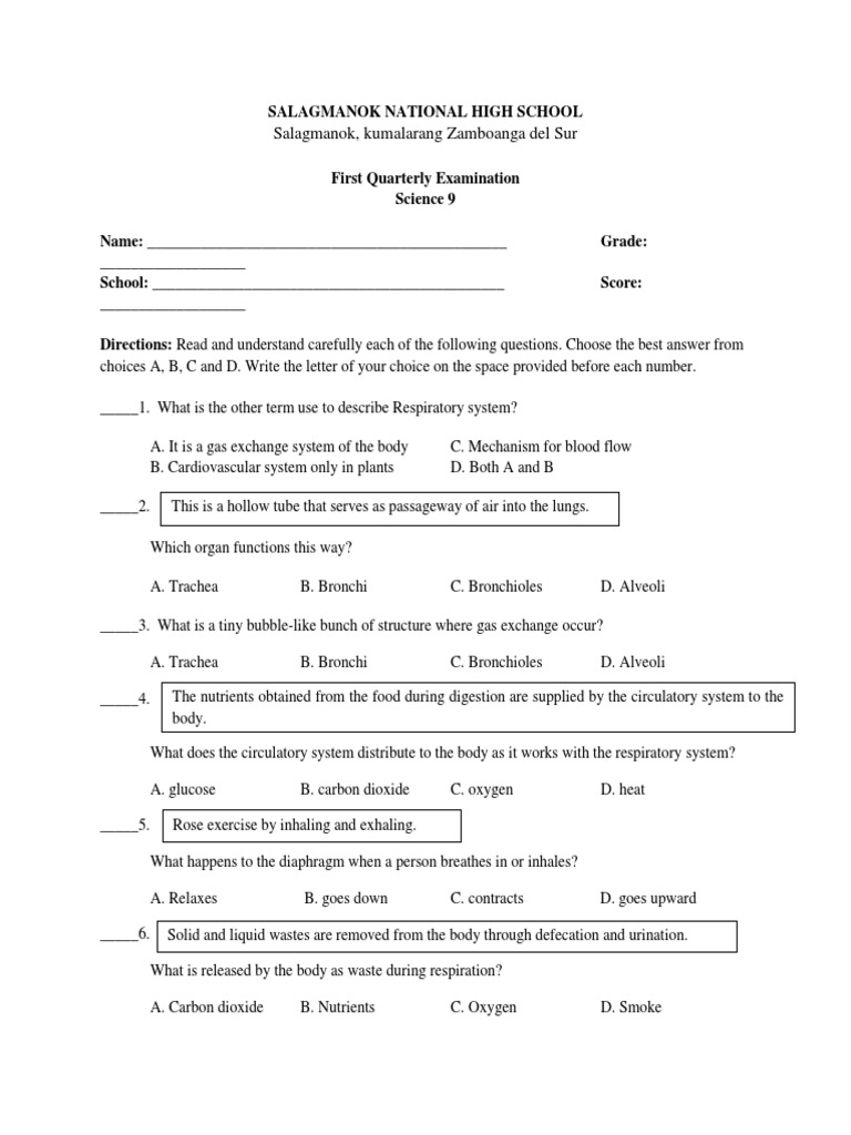 Grade 9 Science 1st Quarter Exam | PDF | Lung | Circulatory System