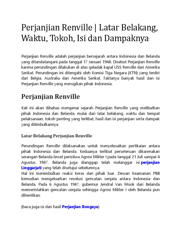 Perjanjian Renville Latar Belakang Waktu Tokoh Isi Dan Dampaknya