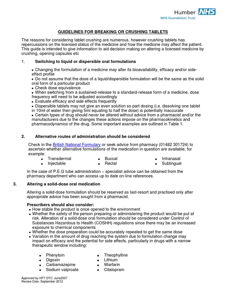 Breaking or Crushing Tablets PDF Tablet (Pharmacy) Pharmaceutical
