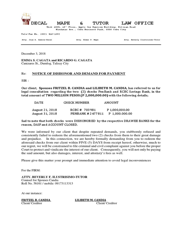 Notice of Dishonored Checks and Demand for Immediate Payment | PDF