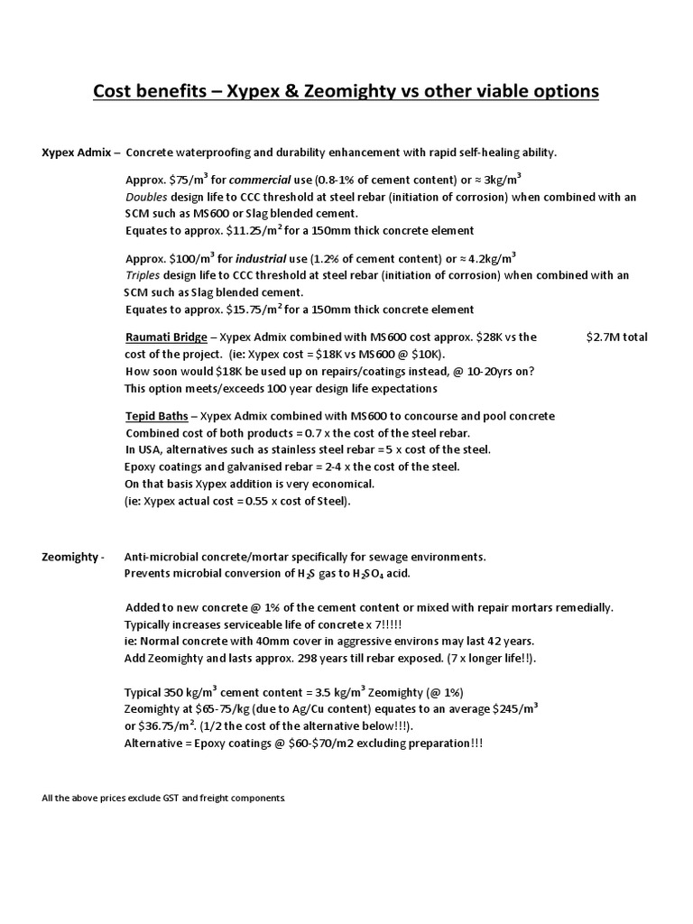 Cost Benefits of Xypex Admix and Zeomighty and Graphs PDF Concrete