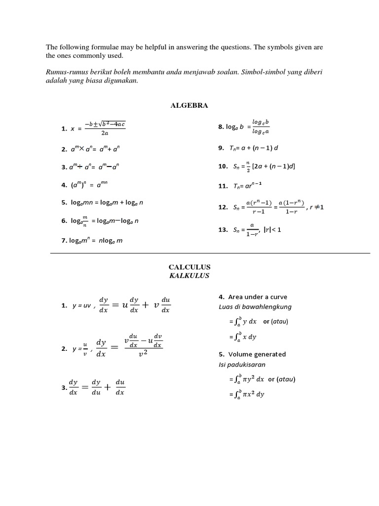 Rumus Rumus Berikut Boleh Membantu Anda Menjawab Soalan Simbol Simbol