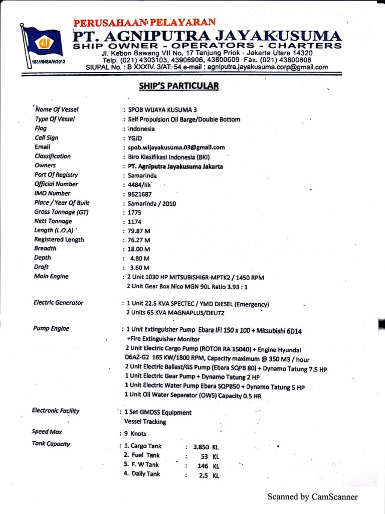 Ship Particulars of SPob Wijaya Kusuma | PDF | Machines | Manufactured ...