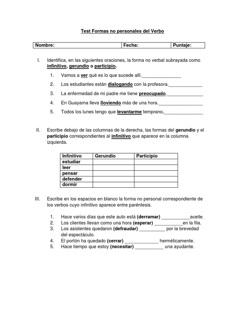 Test Formas No Personales Del Verbo | PDF