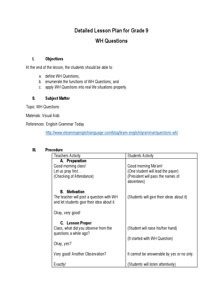Grade 9 Lesson Plan on WH Questions | PDF | Question | Verb