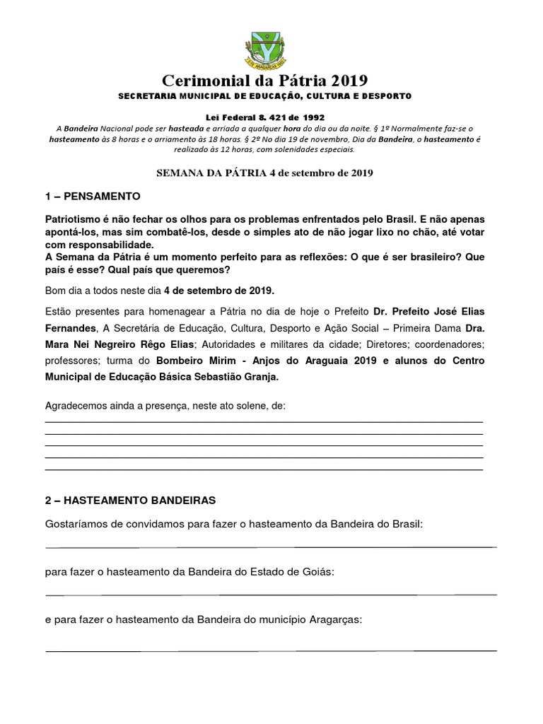 Cerimonial Da Pátria 04-09-19 | PDF | Brasil | Formação complementar