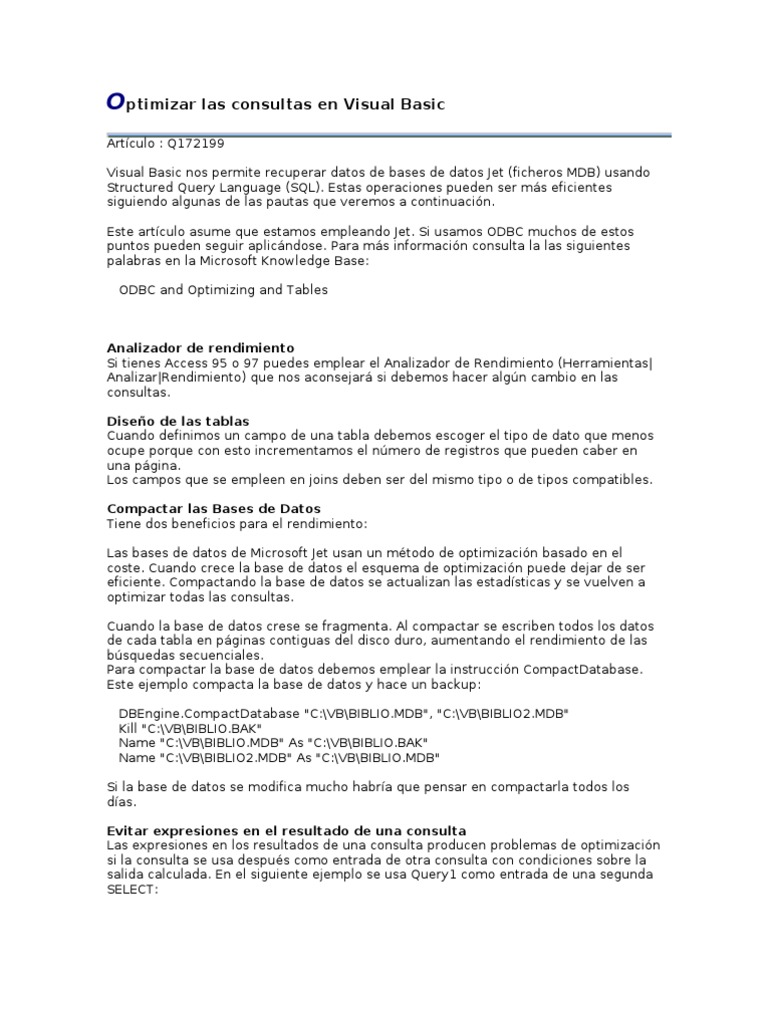 Optimización de Consultas en Visual Basic | PDF | Tabla (base de datos ...