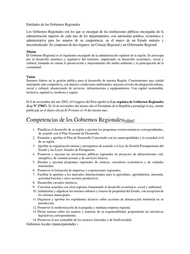 Entidades de Gobiernos Regionales en Perú | PDF | Gobierno | Economias
