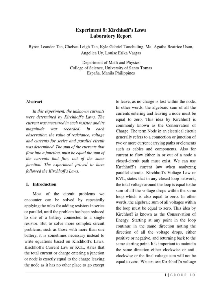 Experiment 8 Kirchhoff S Laws Pdf Series And Parallel Circuits