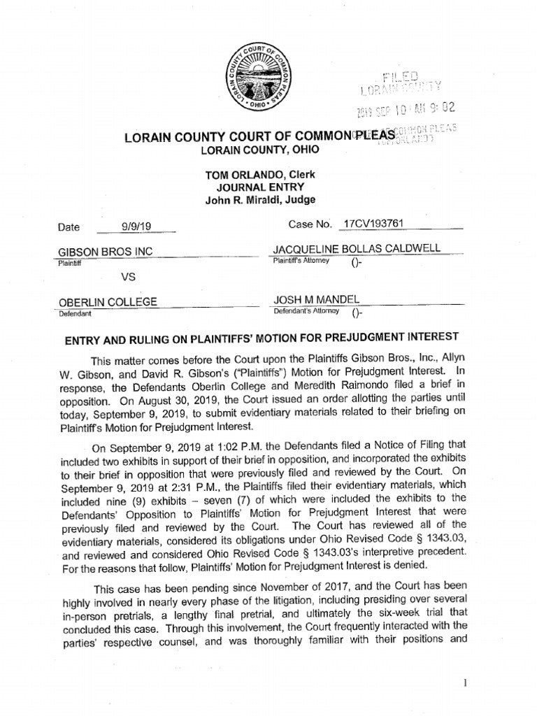 Gibson's Bakery v. Oberlin College - Order Denying Motion For ...