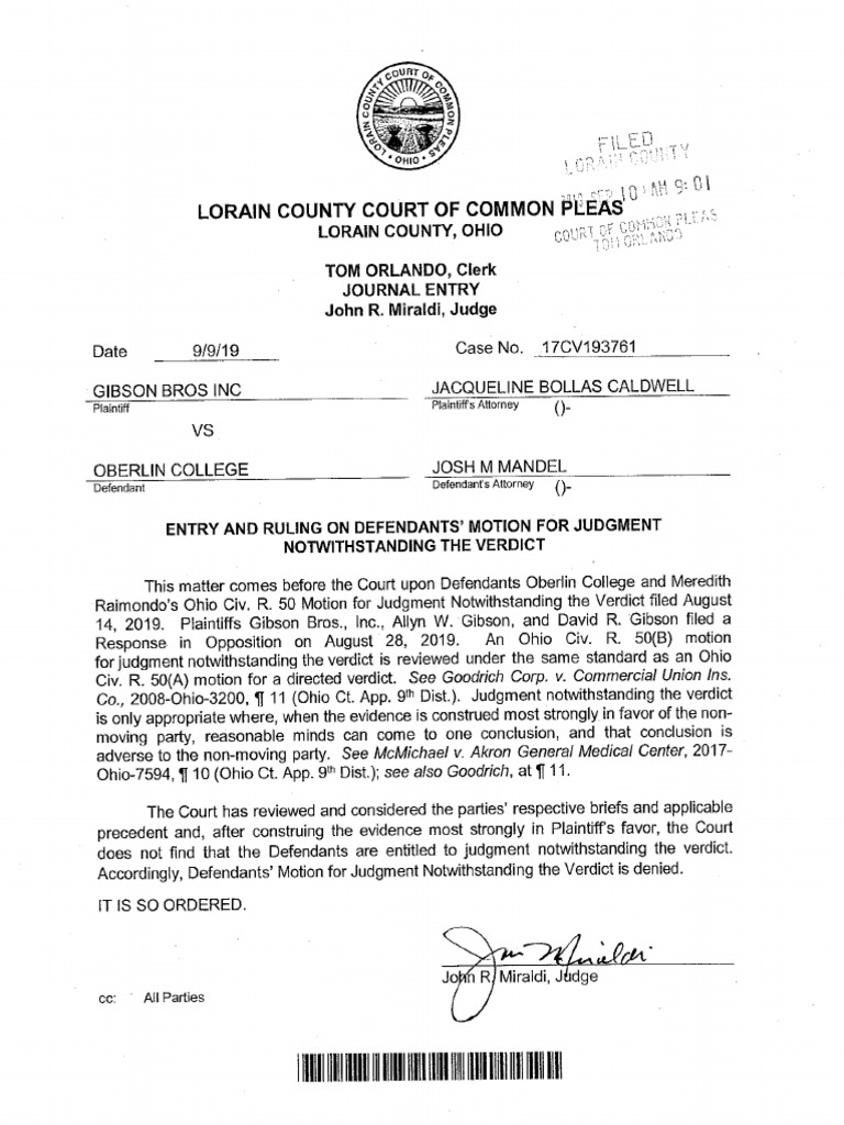 Gibson's Bakery v. Oberlin College Order Denying Motion For Judgment