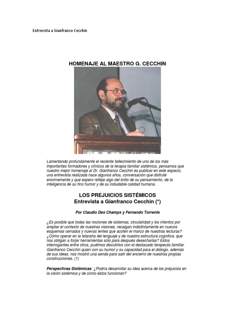 Entrevista Con El DR Gianfranco Cecchin PDF Realidad Prejuicios