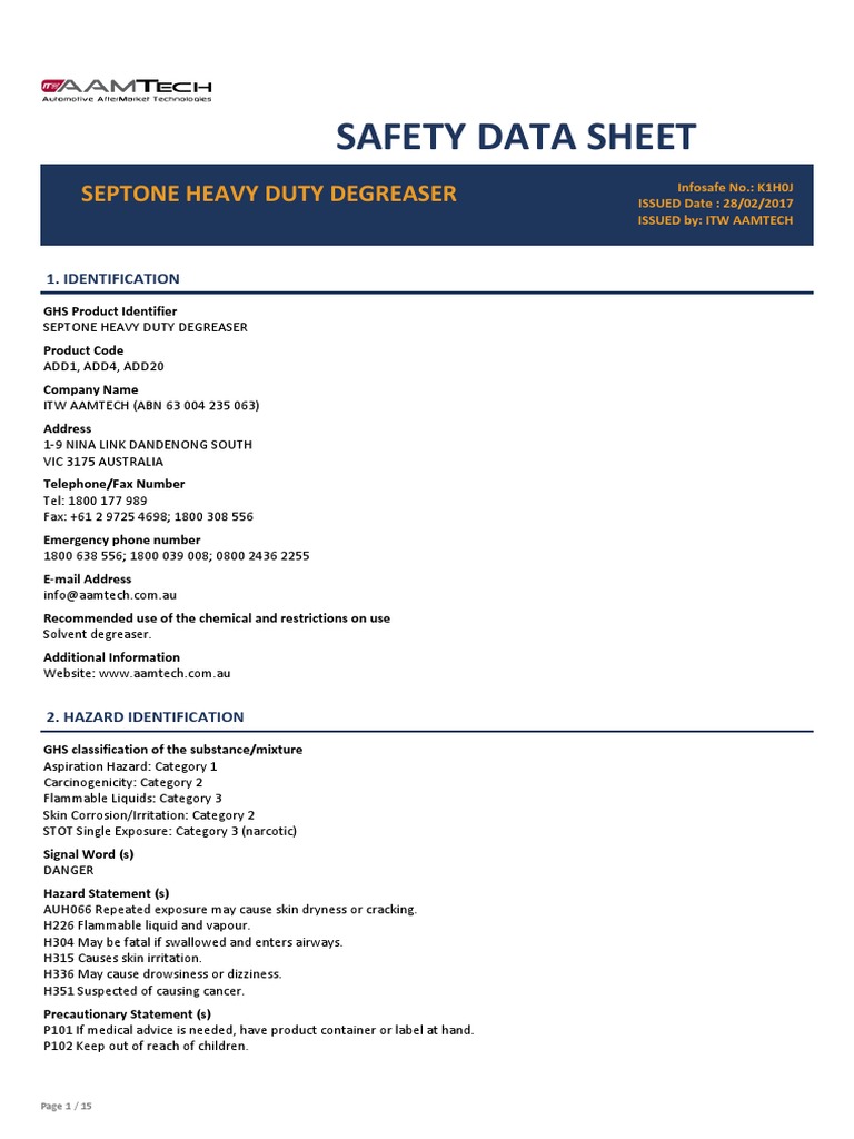 Septone Heavy Duty Degreaser PDF Toxicity Fires