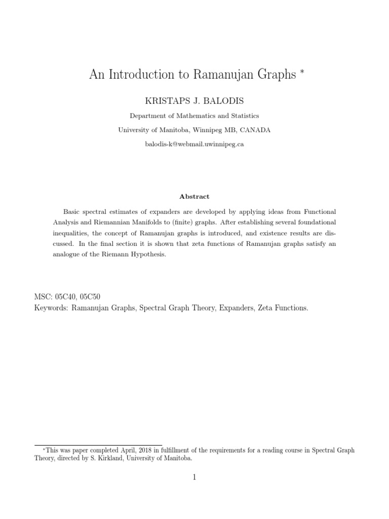 An Introduction To Ramanujan Graphs | PDF | Eigenvalues And ...