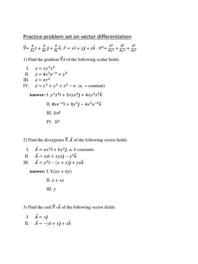 Vector Differentiation Practice Set | PDF