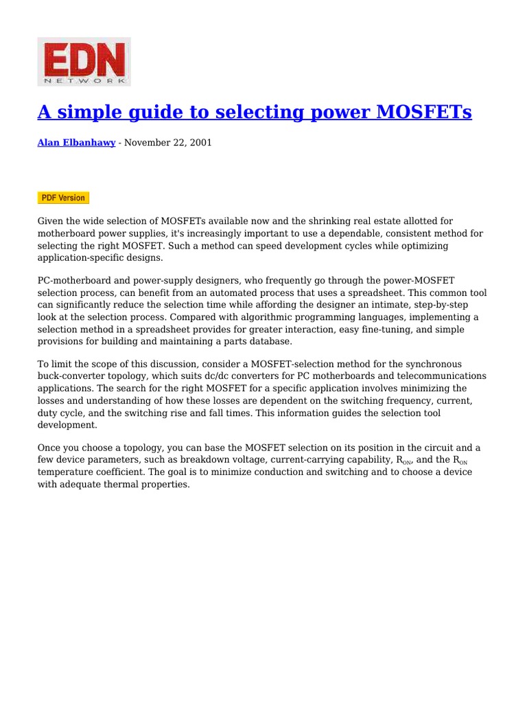Power MOSFET Selection Guide | PDF | Field Effect Transistor | Mosfet