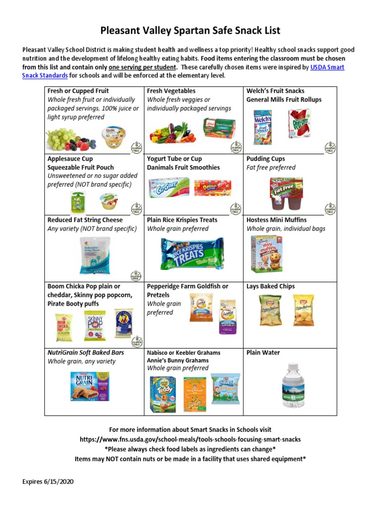 Pleasant Valley Safe Snack List 2025 | PDF | Classroom | Foods