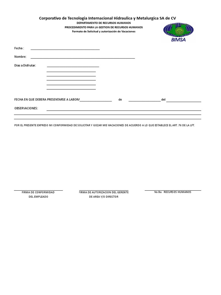 Formato de Solicitud y Autorizacion de Vacaciones | Gestión de recursos