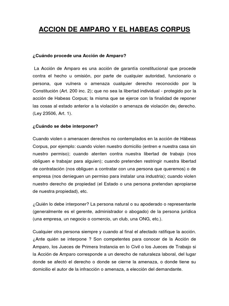 Accion de Amparo y El Habeas Corpus | PDF | Habeas corpus | Demanda ...