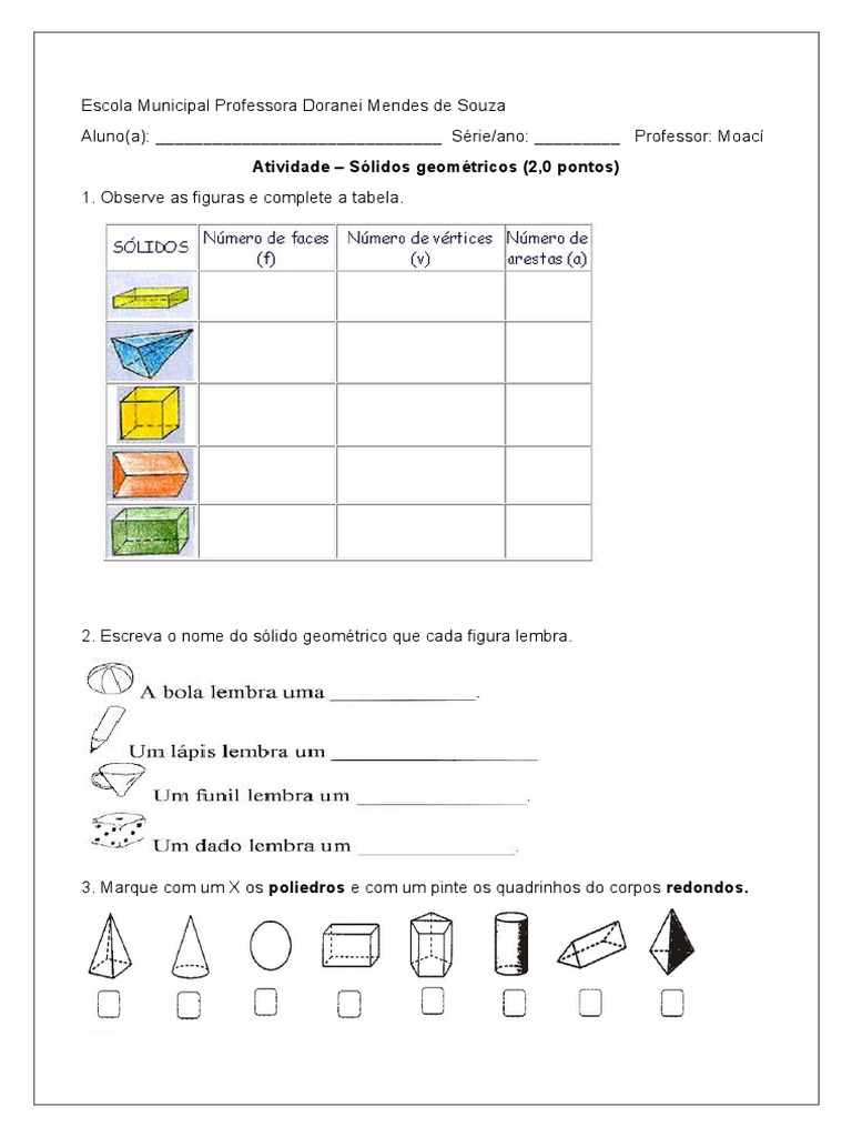 Atividade de Matemática 4º Ano - Sólidos Geométricos | PDF