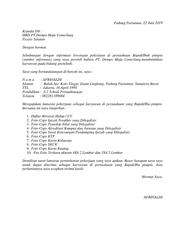 Contoh Surat Lamaran Kerja Perusahaan Tambang