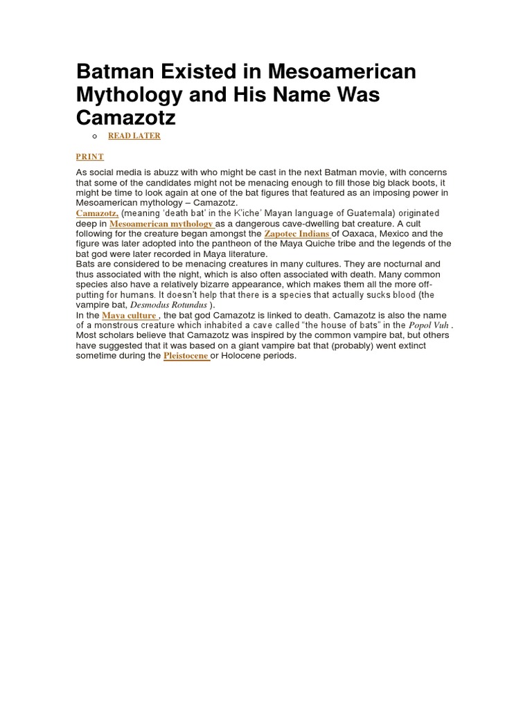 Camazotz: The Mesoamerican Bat God | PDF | Vampires | Bat