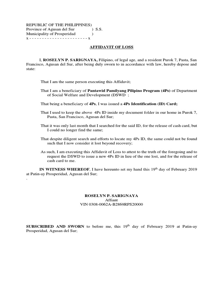 Affidavit of Loss for 4Ps ID Card | PDF