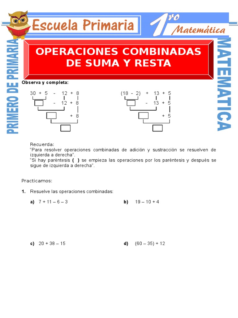 Operaciones Combinadas de Suma y Resta para Primero de Primaria | PDF