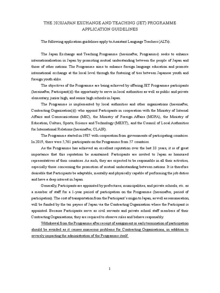The 2020japan Exchange and Teaching (Jet) Programme Application ...