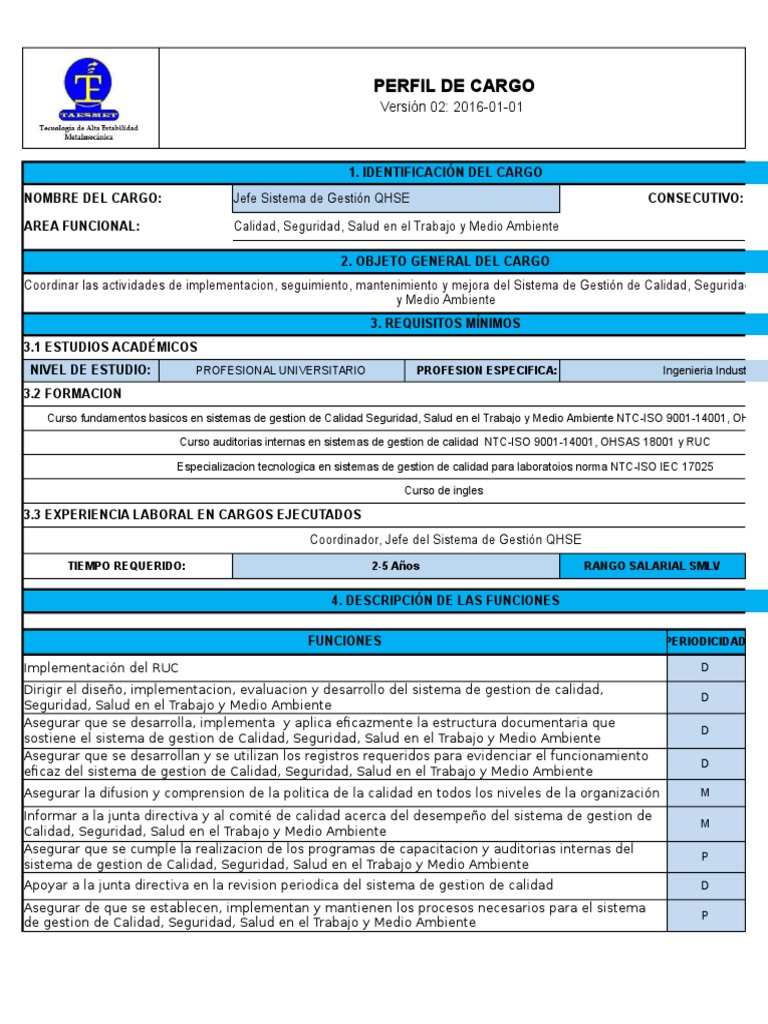 Perfil De Cargo Versión 02 20160101