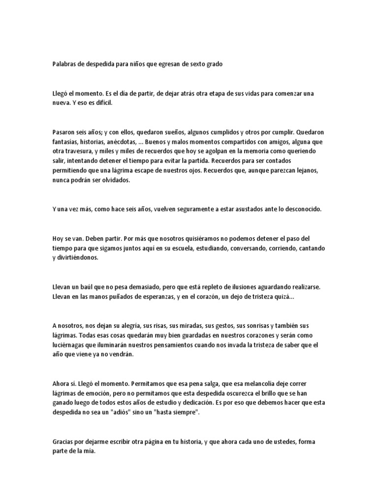 Palabras de Despedida para Niños Que Egresan de 6° Grado | PDF