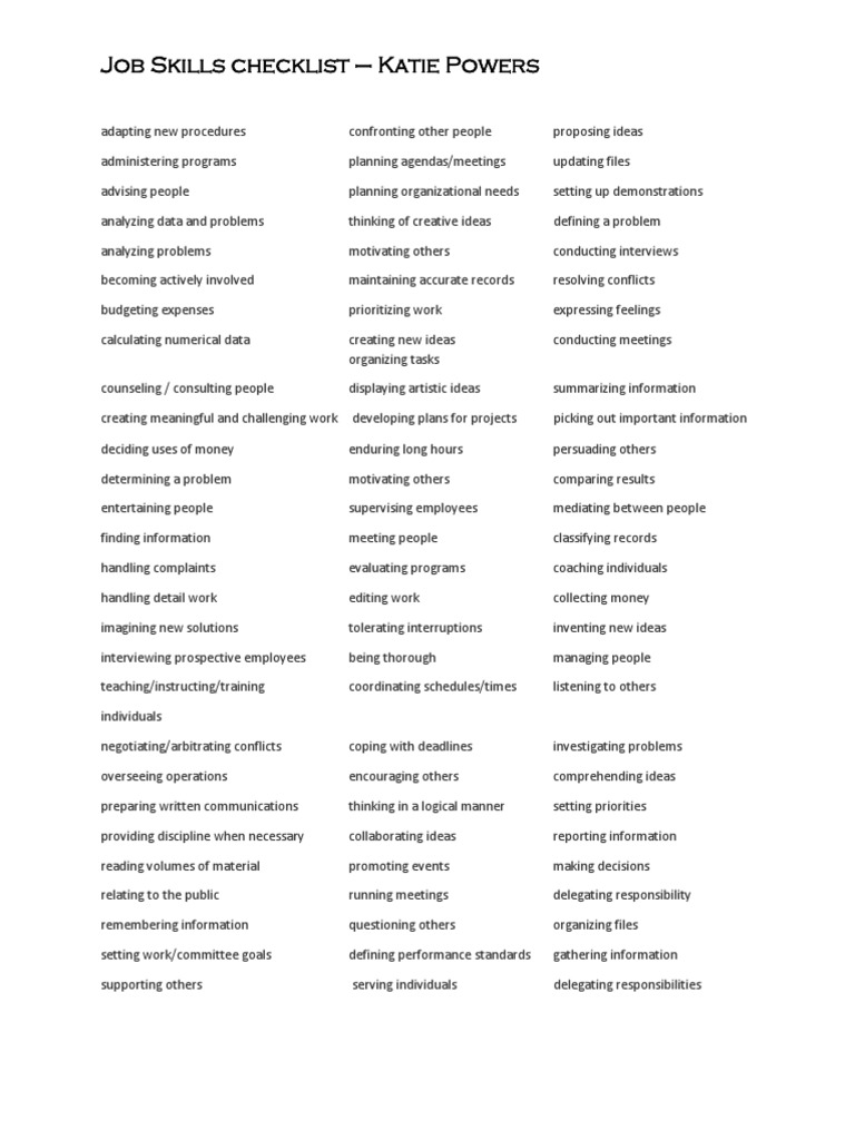 Job Skills Checklist - Katie Powers | PDF | Negotiation | Brainstorming