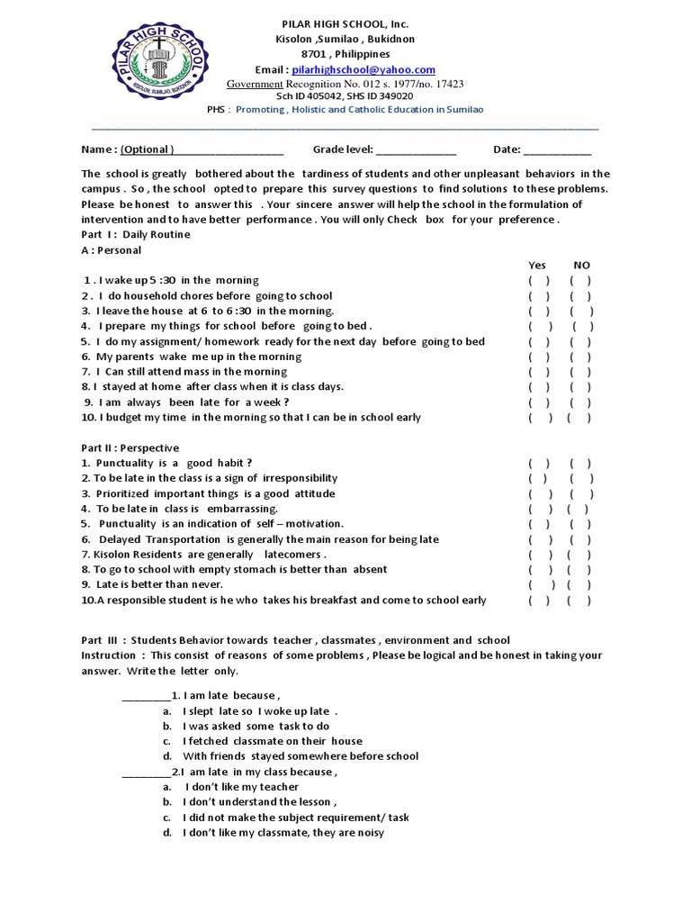 Lateness Questionnaire | PDF | Psychological Concepts | Behavior ...