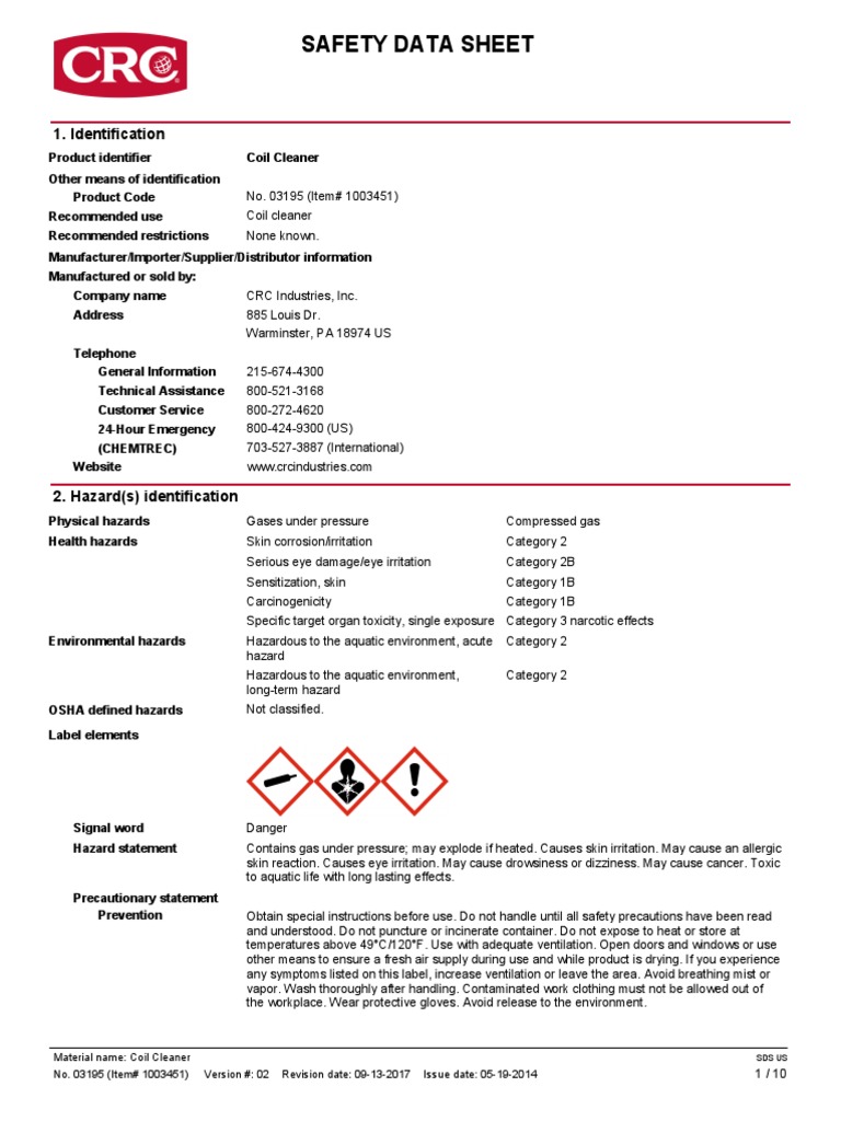 SDS CRC Coil Cleaner PDF Dangerous Goods Personal Protective