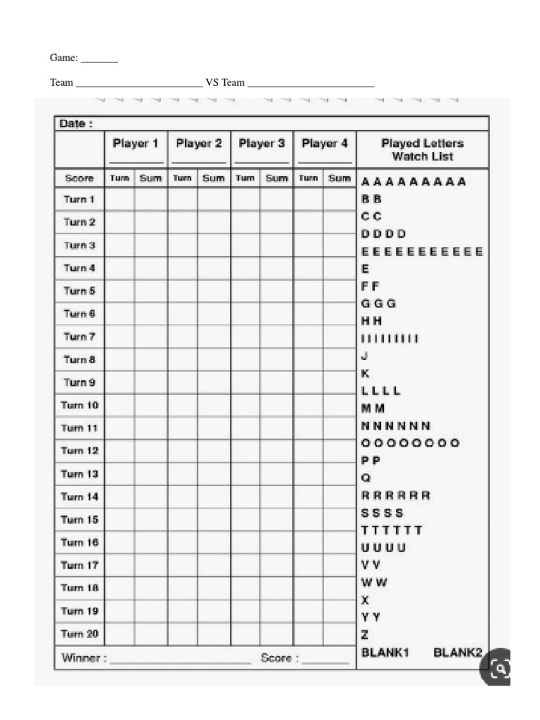 Scrabble Score Sheet PDF
