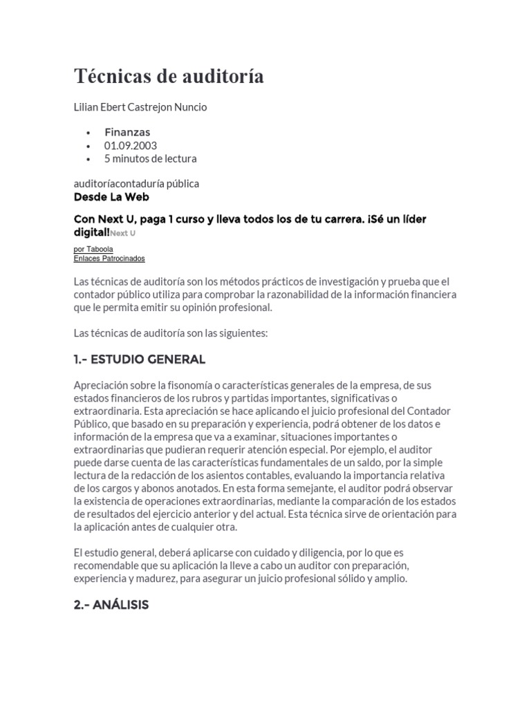 Técnicas De Auditoría Pdf Contralor Contabilidad