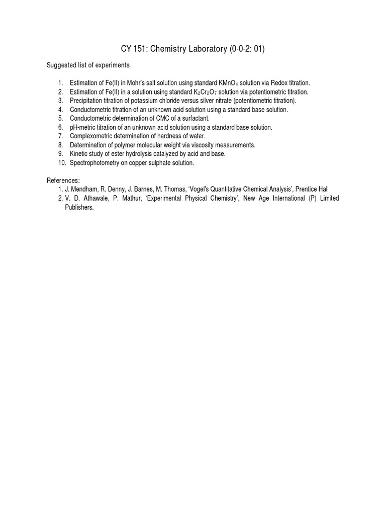 CY 151: Chemistry Laboratory (0-0-2: 01) : Suggested List of ...