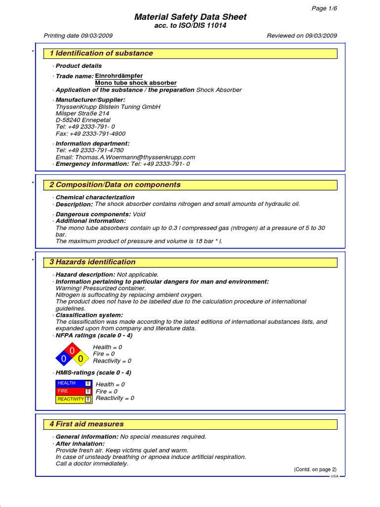 Bilstein MSDS | PDF | Firefighting | Combustion