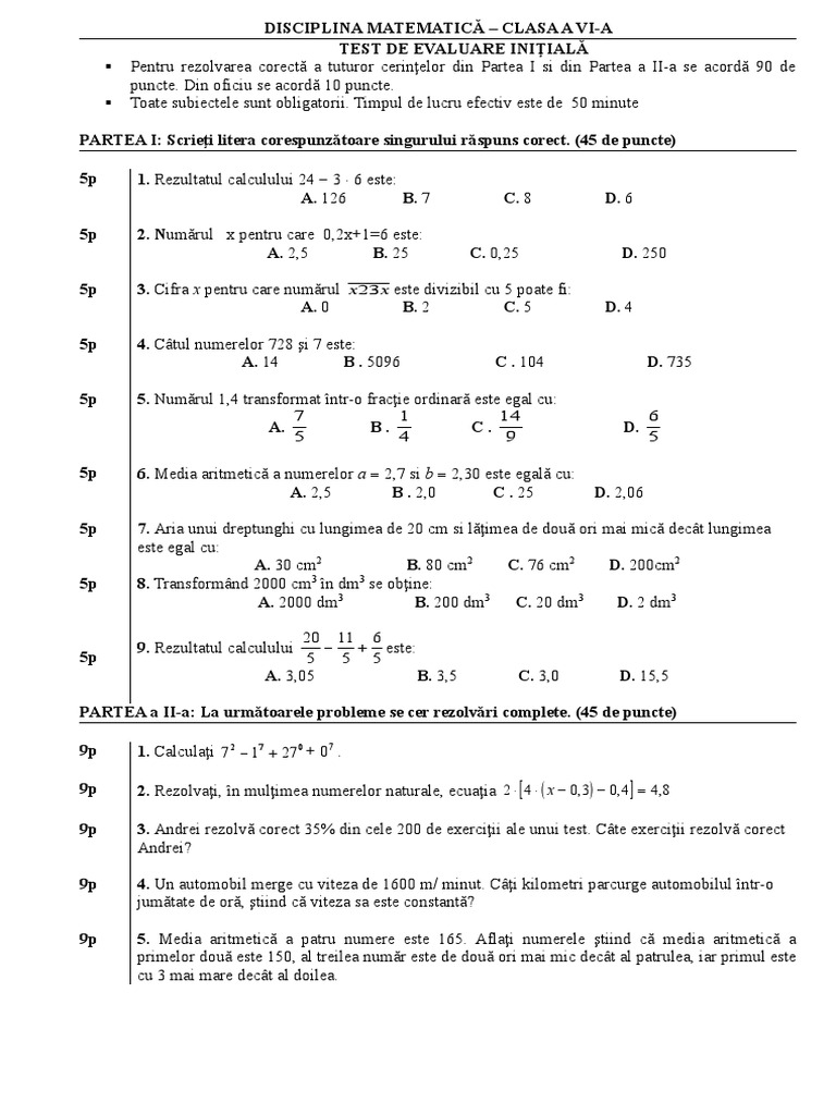 Test Initial Clasa A 6 | PDF