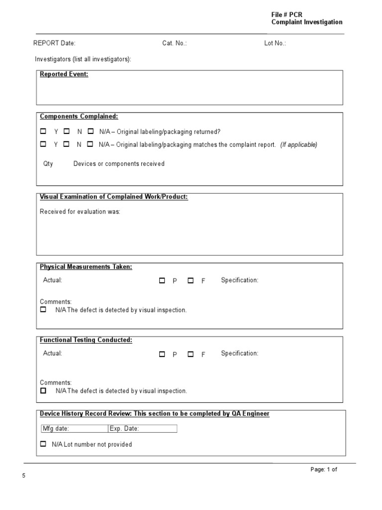 PCR Complaint Investigation Form | PDF | Complaint | Evaluation