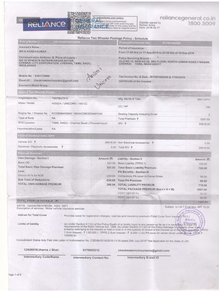 reliance-two-wheeler-policy-summary-for-honda-unicorn-149-cc-pdf