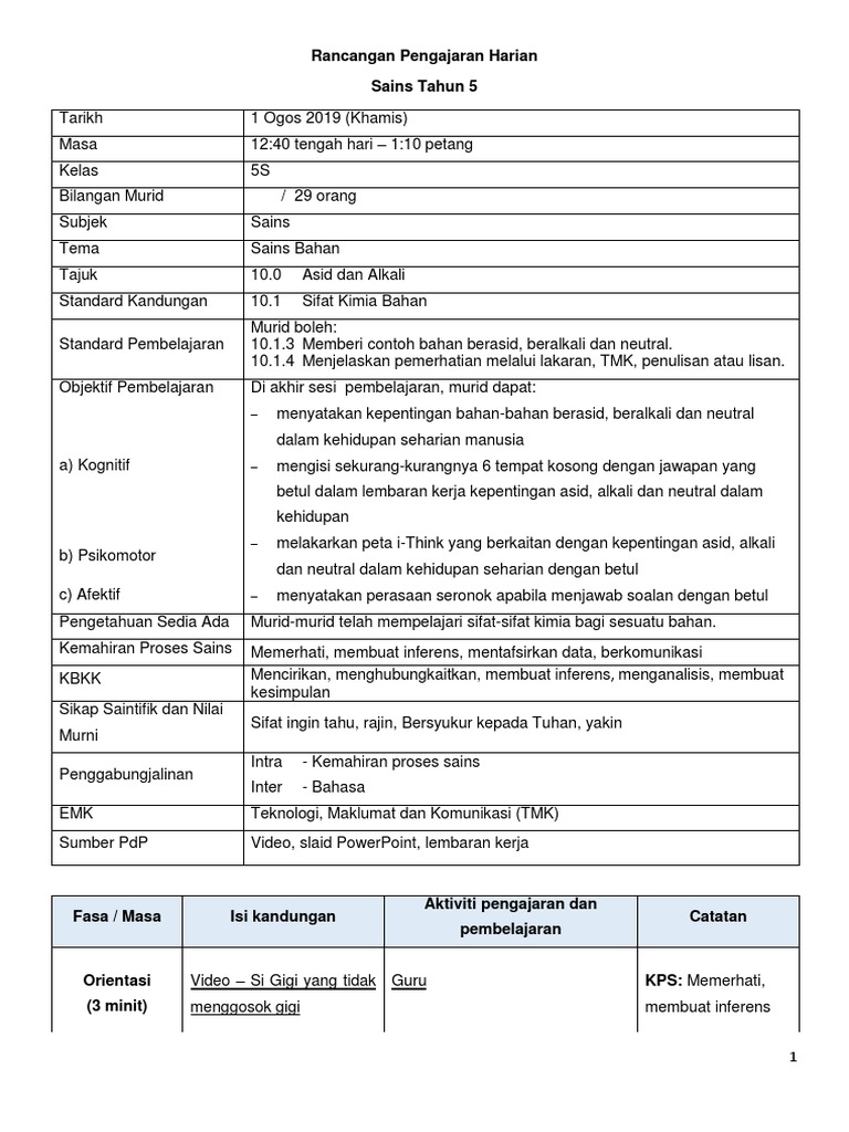 Rph Sains Tahun 5 M8 Kepentingan Asid Dan Alkali Pdf