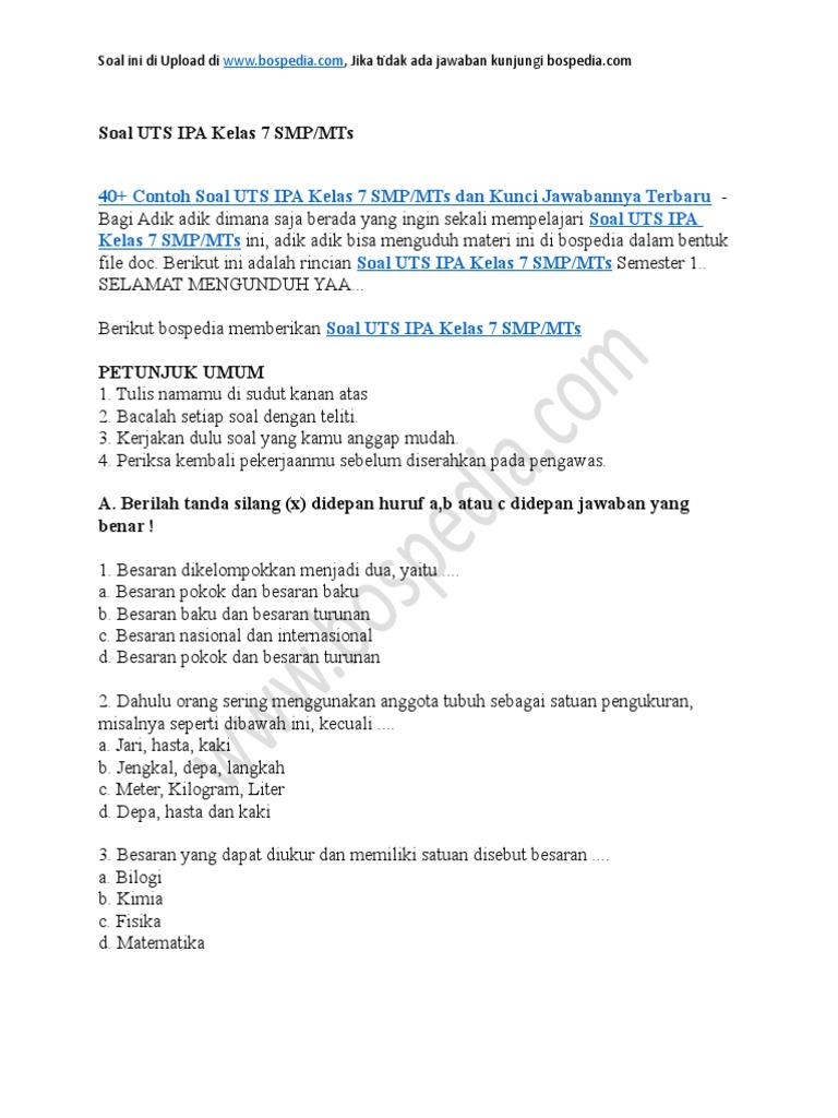 40 Contoh Soal Uts Ipa Kelas 7 Smp Mts Dan Kunci Jawabannya