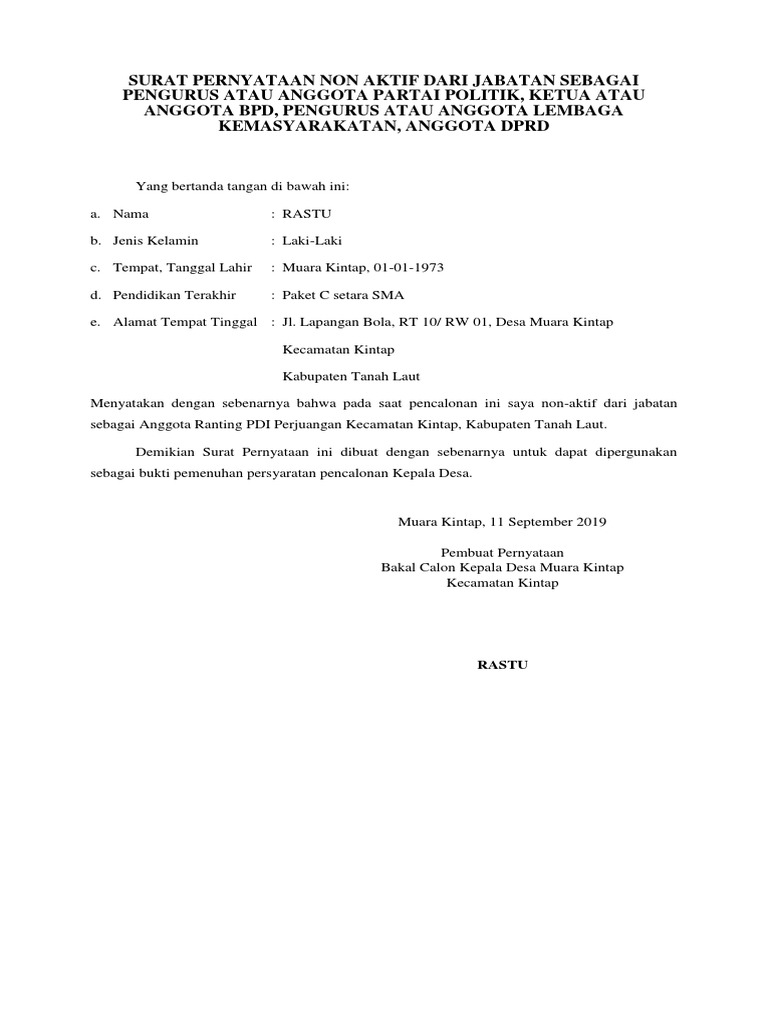 Surat Pernyataan Non Aktif Dari Jabatan Sebagai Pengurus Atau Anggota Partai Politik