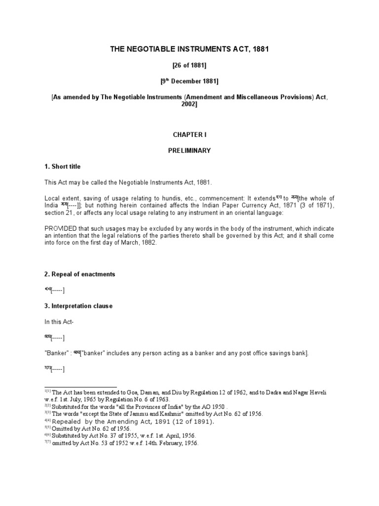 Negotiable Instruments Act Overview | PDF | Negotiable Instrument | Cheque