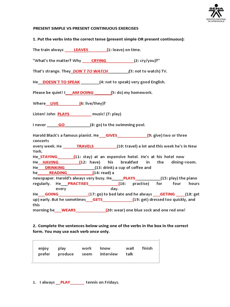 Present Simple vs Continuous Exercises | PDF | Language Arts & Discipline