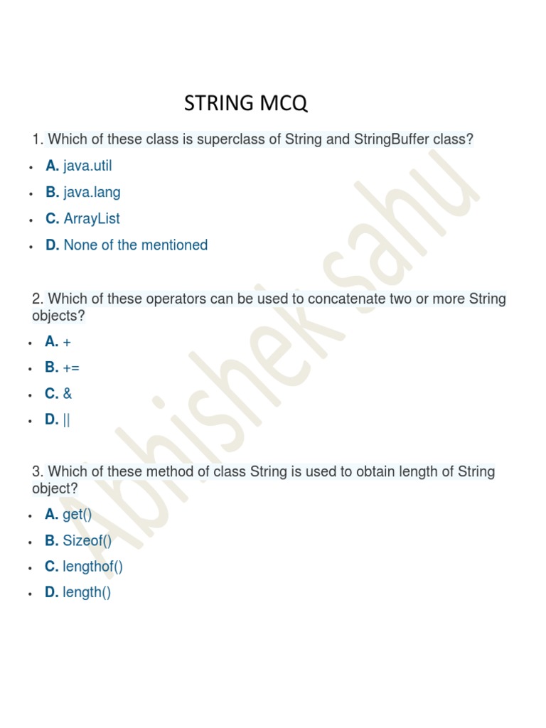 String MCQ A. Java Util B. Java Lang C. Arraylist D. None of The