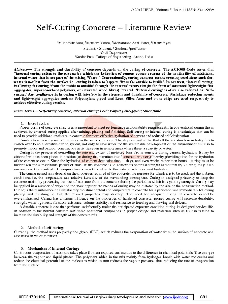 SelfCuring Concrete Literature Review PDF Polyethylene Glycol