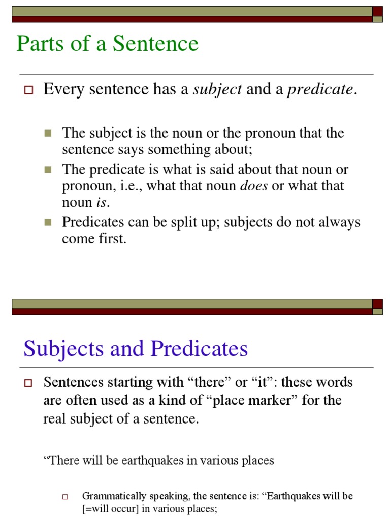 Parts of A Sentence: Every Sentence Has A Subject and A Predicate | PDF ...